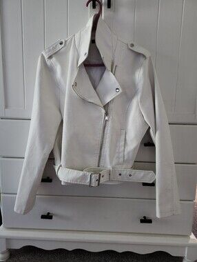 Forever 21 White  Moto Belted Faux Leather Jacket Sz L